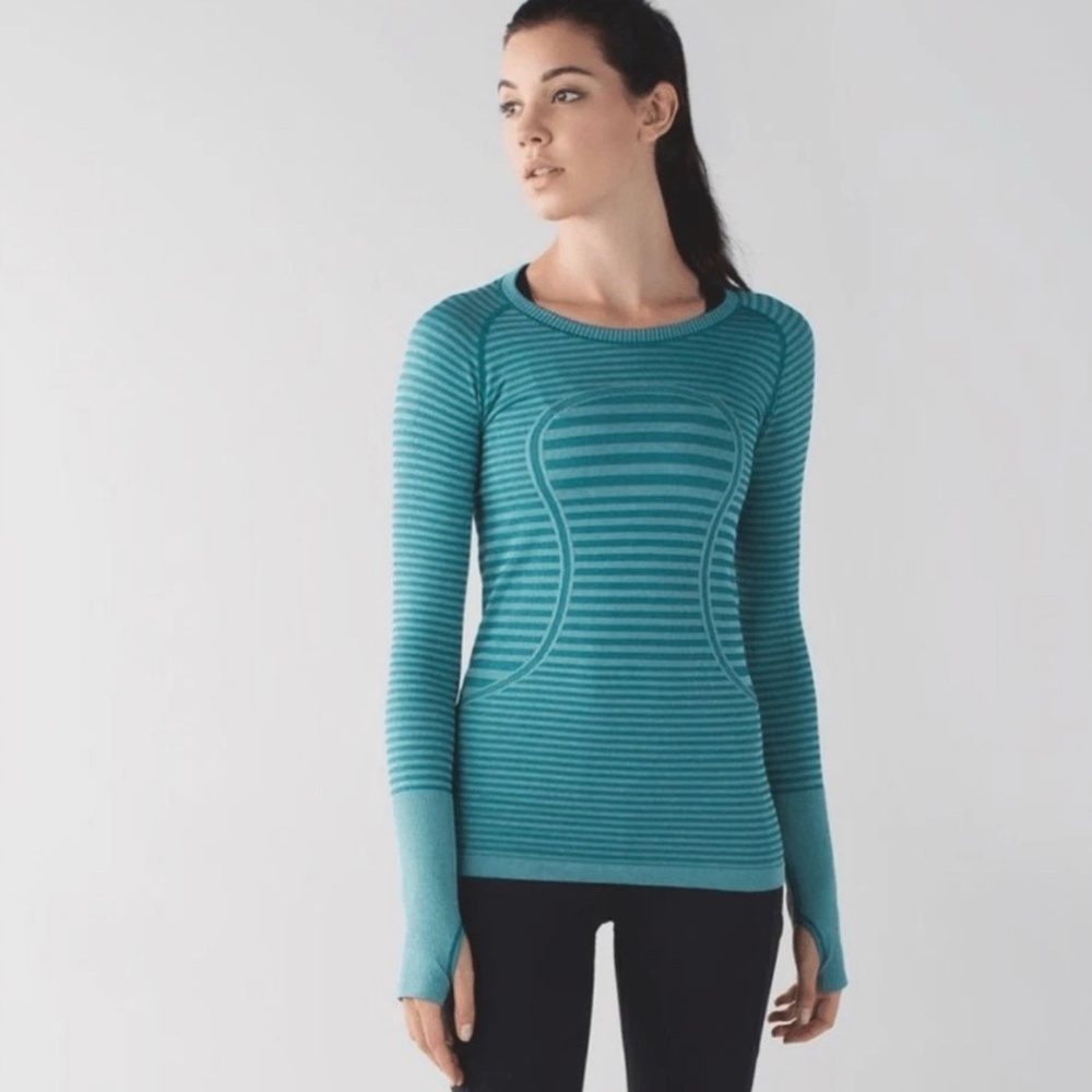 Lululemon Swiftly Tech Long Sleeve Crew Sz 6 Heathered Forage Teal Gym Run Yoga - Picture 2 of 13